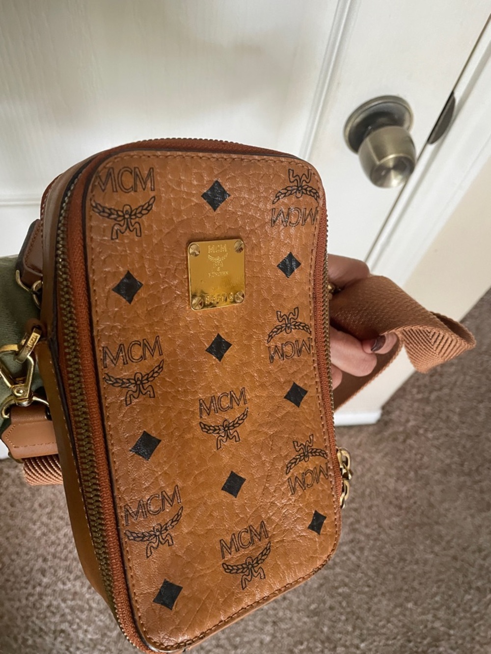 MCM Cognac Logo Visetos Belt Bag with Gold Plate